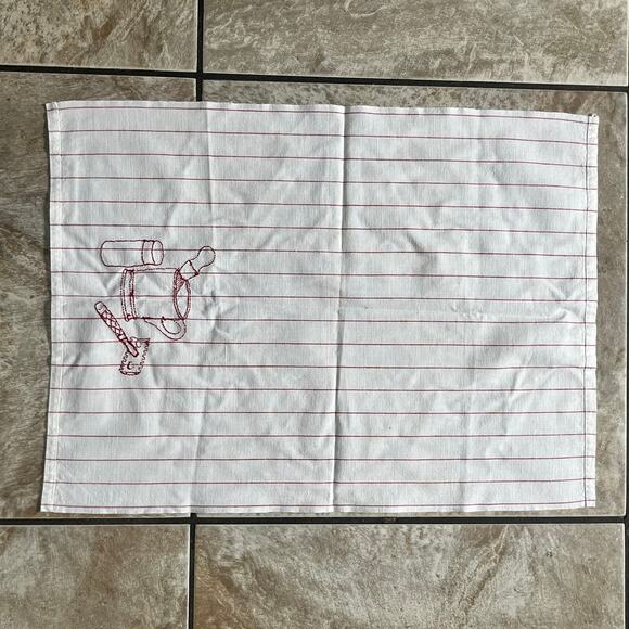 Vintage Embroidered Tea Towel Shaving Razor Brush Red Striped Barber Decor - Picture 6 of 7